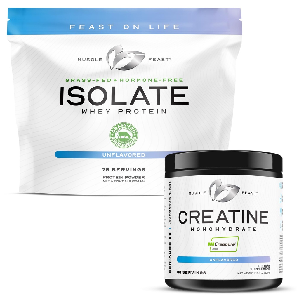Muscle Feast Creapure Creatine Monohydrate - Unflavored 300g (x1) and Isolate Whey Protein Powder - Unflavored 5lb (x1) - Muscle Recovery and Performance Bundle