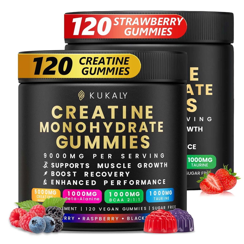 Creatine Monohydrate Gummies for Men & Women, 9000MG Creatine Gummies Sugar Free -BCAA 2:1, B12 B6 for Boost Strength, Focus & Endurance, Vegan, Non-GMO