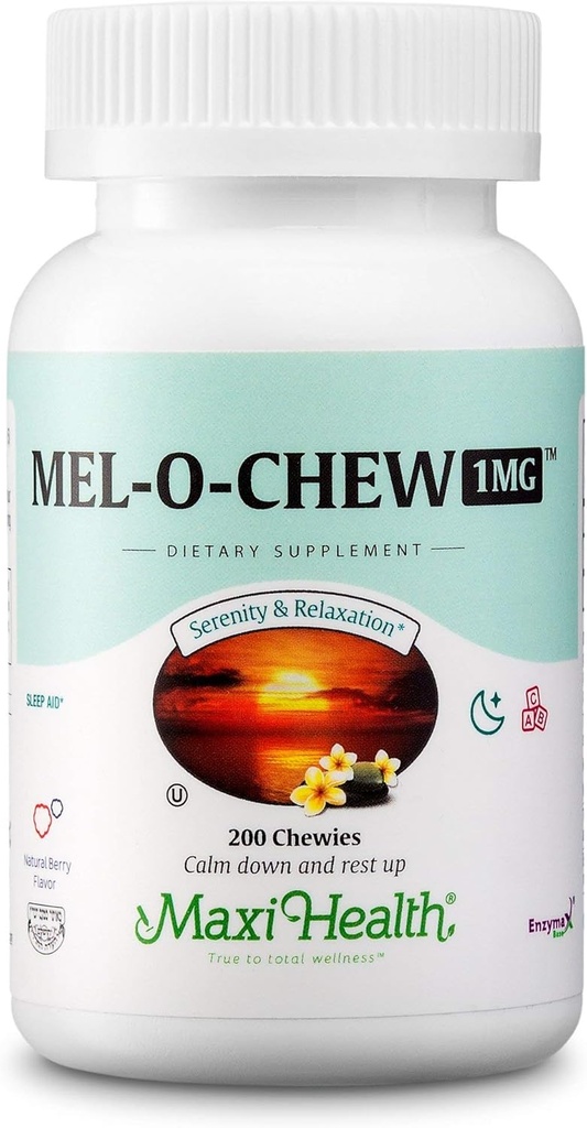 Maxi Health 1mg Melatonin Chewables - Voksne & Børn Melatonin til at fremme naturlig søvn - Ikke-Habit Forming Kosher Sleep Supplement med Enzymax for Fast- Active Support (200 Enheder)