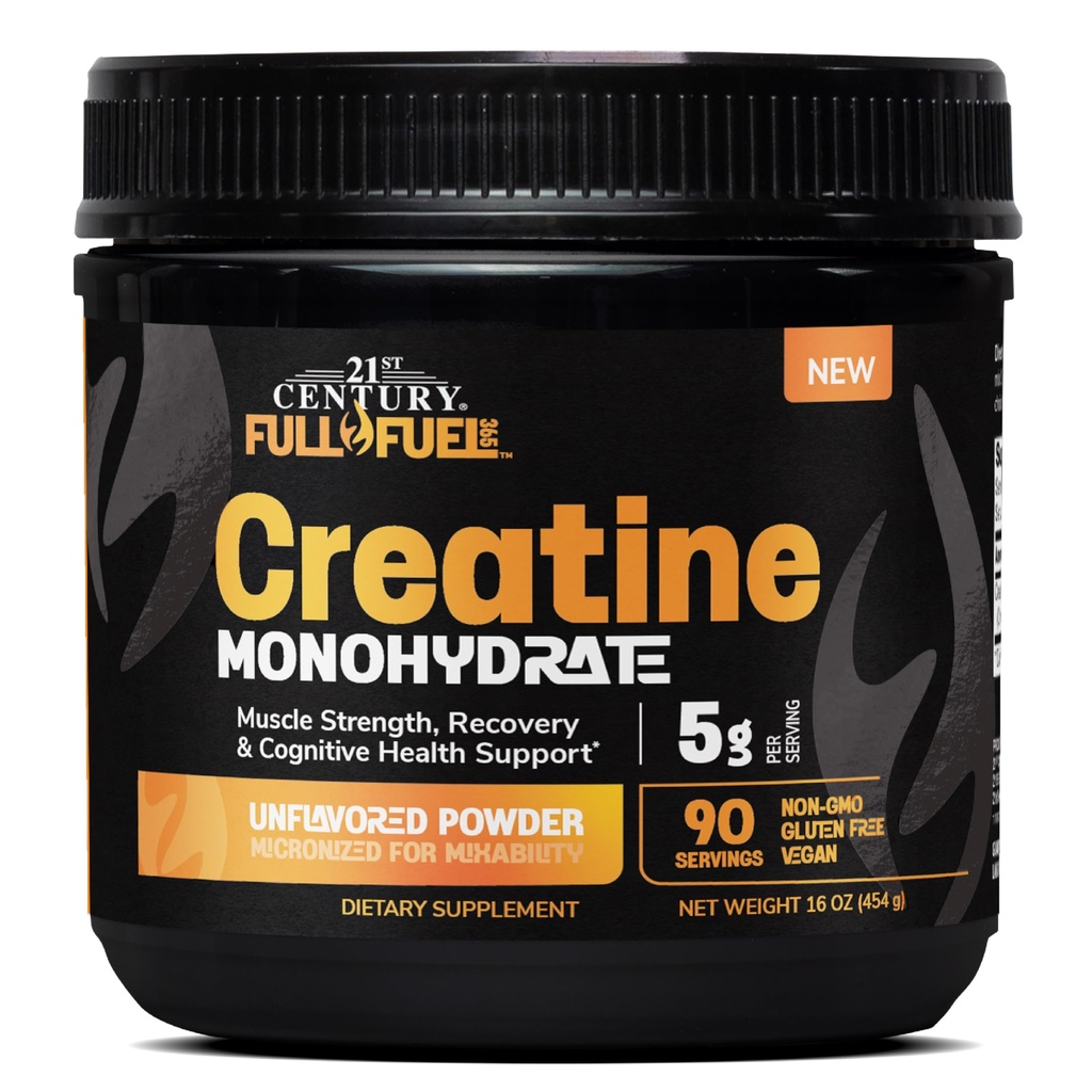 21st Century Full Fuel 365 Creatine Monohydrate 5 g, 16 oz, Unflavored Micronized Powder, 90 Servings, Vegetarian-Friendly, Gluten-Free, for Muscle Strength, Recovery & Cognitive Health Support