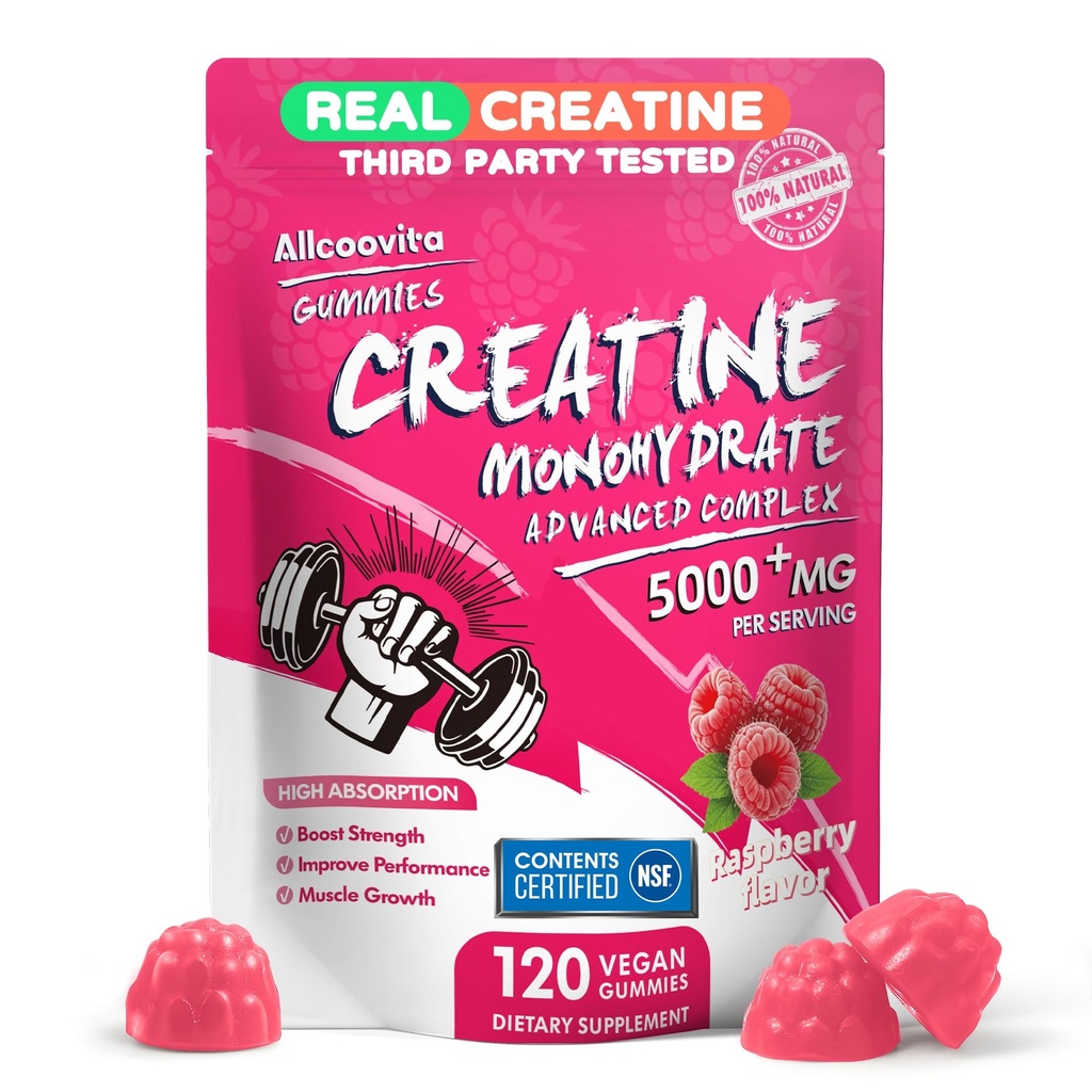 NSF Certified Creatine Gummy - Creatine Monohydrate Gummies 5000mg for Men & Women -120 Gummies Advanced Formula, Muscle Strength, Muscle Builder, Energy Boost, Pre-Workout Supplement-Raspberry