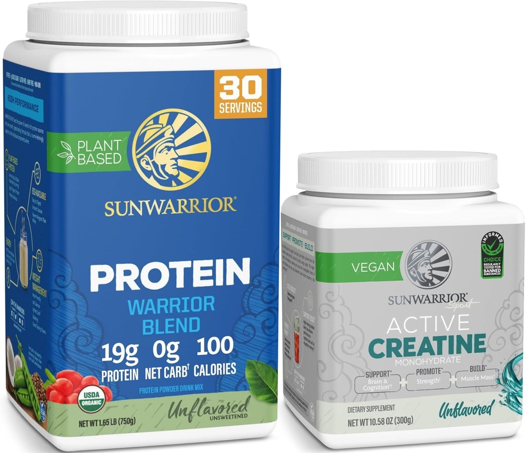 Sunwarrior Unflavored Creatine Powder & Organic Plant Based Protein Powder Set | Bundle & Save | Creatine Monohydrate Plus Vegan Organic Protein Supplements (60 Servings, 30 Servings)