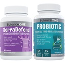Balance ONE Probiotic & SerraDefend Bundle – 15 Billion CFUs Probiotic with Time-Release Technology + Serrapeptase for Healthy Digestion, Immune Support & Gut Health – Delayed-Release, Vegan