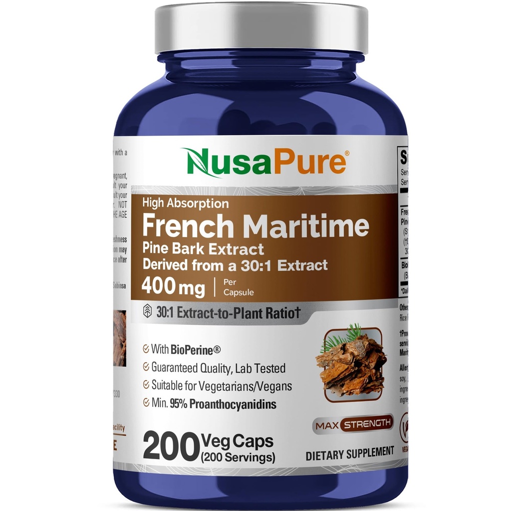 NusaPure French Maritime Pine Bark Capsules, 400 mg, 200 Veg Capsules (Non-GMO, Vegan)