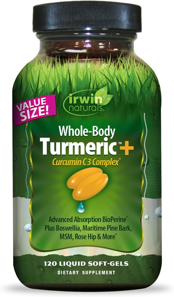 Irwin Whole-Body Turmeric + Curcumin C3 Kompleks - 120 Liquid Soft- Gels - dengan Boswellia, Maritim Pine Bark, MSM & Rose Hip