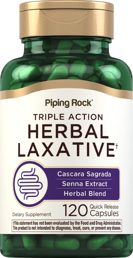 Piping Rock Herbal Laxative Capsules | 120 Count | Triple Action Supplement Blend with Cascara Sagrada and Senna Extract | Non-GMO, Gluten Free