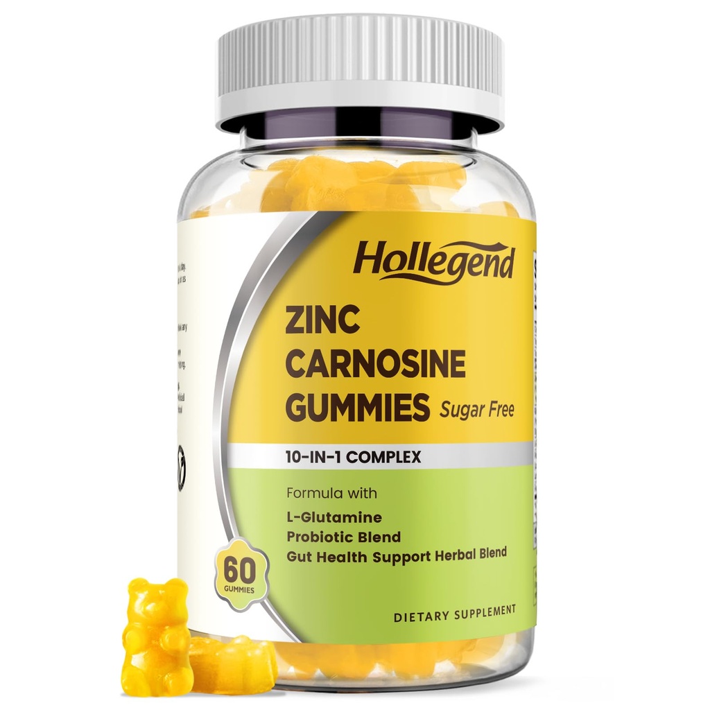 Zinc Carnosine Supplement Sugar Free, Organic Zinc Carnosine 75mg with L-glutamine, Probiotic & Herbal Blend, Comprehensive Gut & Digestive Health Support, Bloating Relief, Vegan, Non-GMO, 60 Gummies