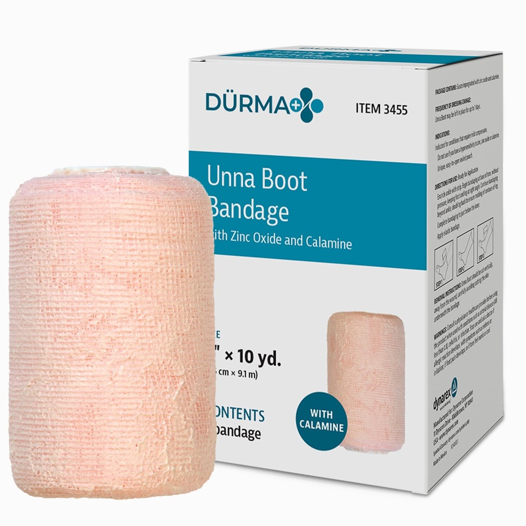 Dynarex Dürma+ Unna Boot Bandage with Zinc Oxide and Calamine - Provides Compression with Soothing Formula for Leg Ulcers, Edema, Sprains - 3" x 10 yds - Box of 1 Roll
