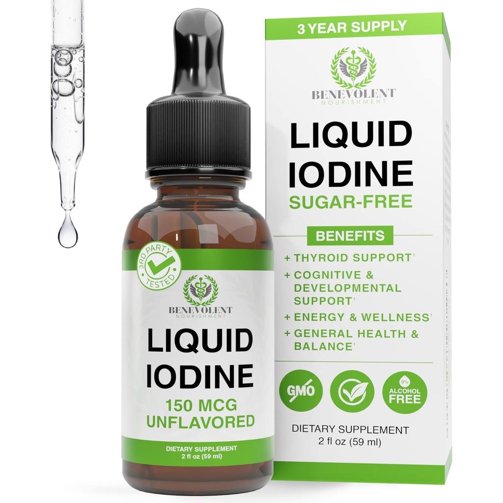 Liquid Iodine Drops – 1300 Servings Potassium Iodide for Thyroid, Metabolism & Detox Support – 2X Absorption – 1 Year Supply – USA Made, Gluten Free, Vegan – 2 Fl Oz