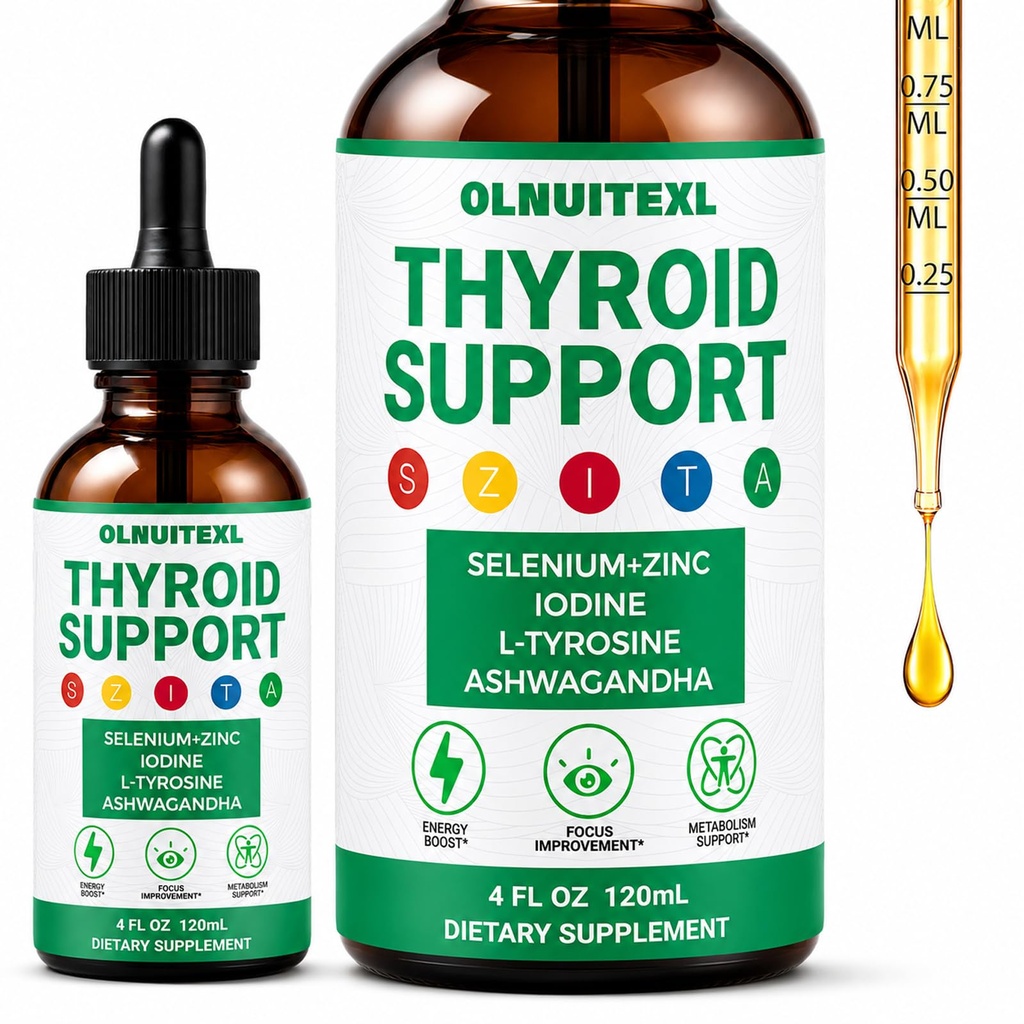 Thyroid Support Liquid Drops for Women & Men, with Iodine, Selenium, Zinc & L-Tyrosine, Easy Daily Liquid Formula for Routine Use, 4 Fl Oz (120 mL)