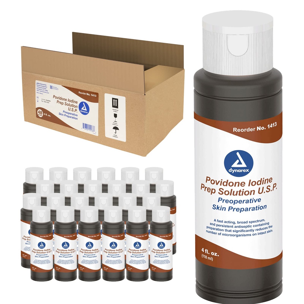 Dynarex Povidone-Iodine Prep Solution, Antiseptic Solution for Skin and Mucosa, Ideal for Surgical Site Preparation, Contains Povidone Iodine 10%,1 Case of 48 4 fl. oz. Bottles