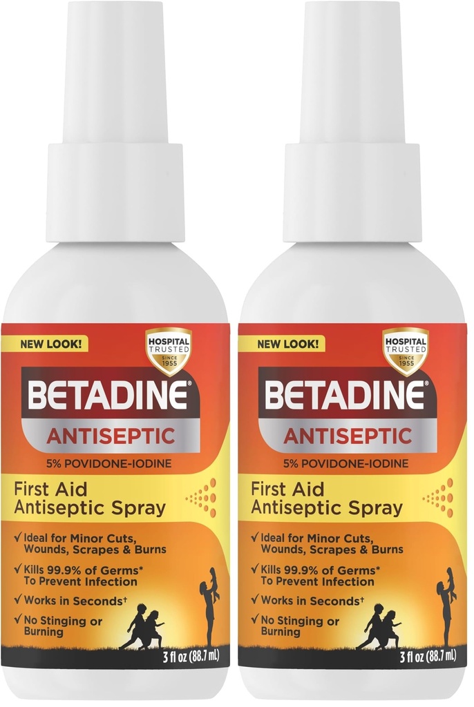 Betadine Antiseptic First Aid Spray,Povidone-Iodine 5%,Infection Protection,Kills Germs in Minor Cuts Scrapes and Burns,No Sting Promise,No Alcohol or Hydrogen Peroxide,3 FL OZ,(Pack of 2)