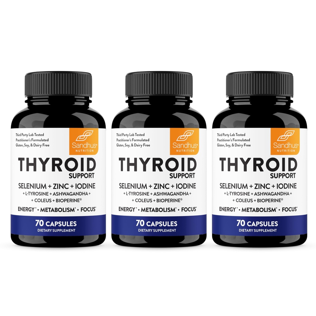 Sandhu's Thyroid Support Complex with Selenium, Zinc, Iodine, L Tyrosine, Ashwagandha | Pure Health Supplement for Women & Men | 70 Count (Pack of 3), 105 Days Supply