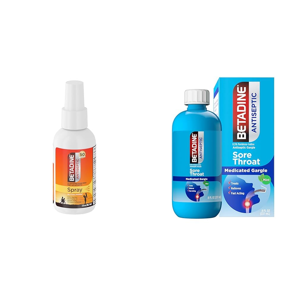 Betadine Antiseptic First Aid Spray and Sore Throat Gargle Bundle with Povidone-Iodine 5% Spray, 3 FL OZ and 0.5% Gargle, 8 FL OZ