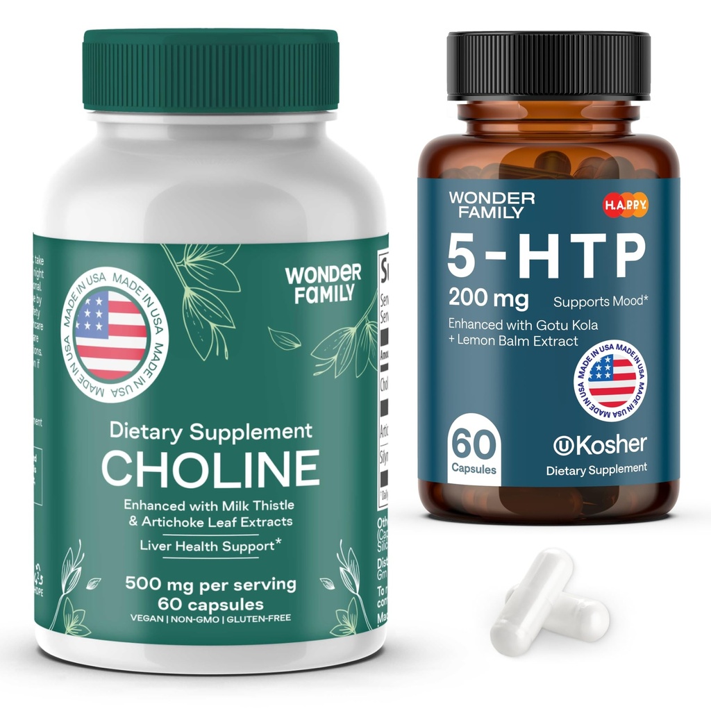 WONDER FAMILY Maximal Focus Bundle - Choline Bitartrate 500MG for Focus & Memory, 5-HTP Supplement for Energy - 60 5HTP 200MG Capsules, 60 Choline Capsules