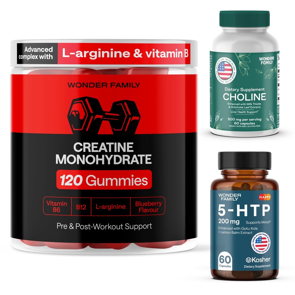 Muscle Gain Bundle - 5-HTP Supplement for Energy, Creatine Monohydrate Gummies 5g for Growth, Choline Bitartrate for Liver - 120 Creatine Chewables, 60 5HTP 200MG Capsules, 60 Choline Capsules 500MG