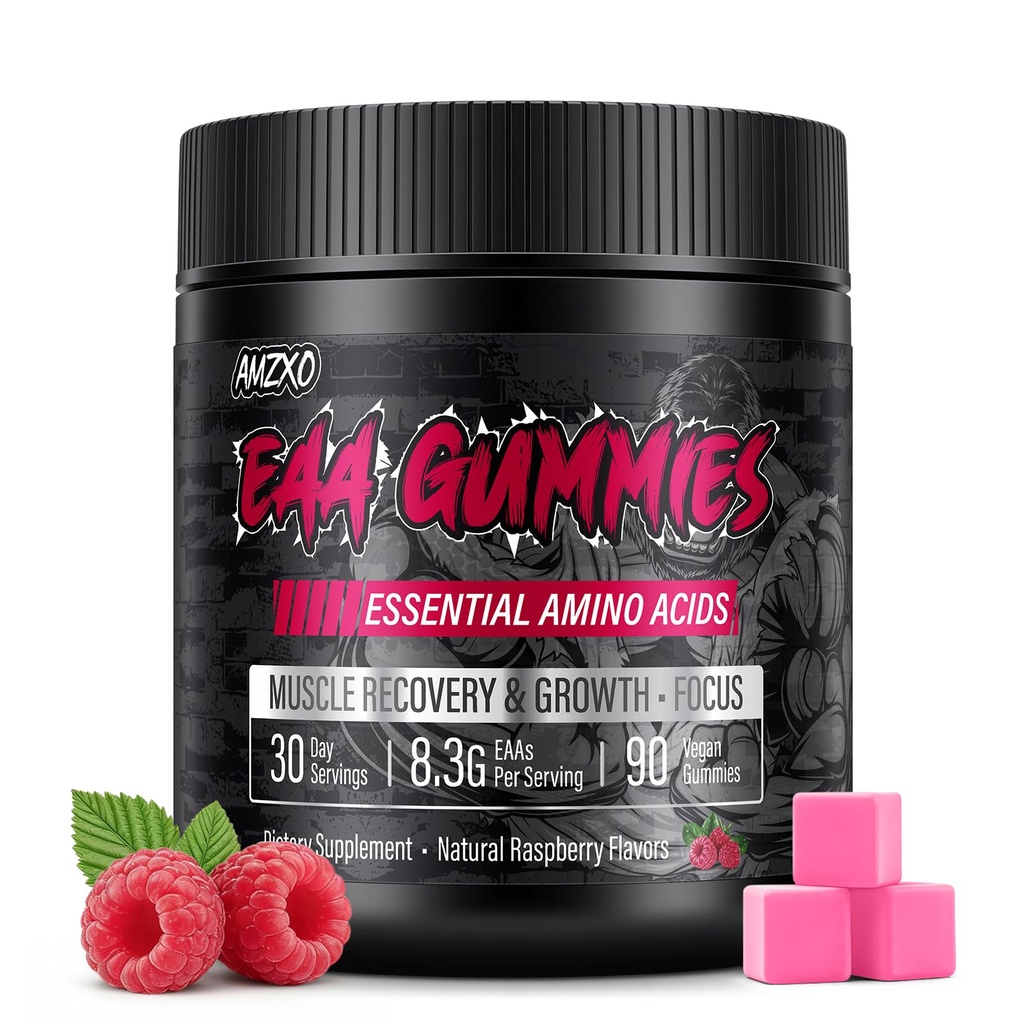 EAA Gummies - 2:1:1 BCAA Formula (8300mg) - Essential Amino Acids for Muscle Recovery & Endurance - Non-GMO, Gluten Free, Sugar Free, Vegetarian, Raspberry Flavor - 90 Count
