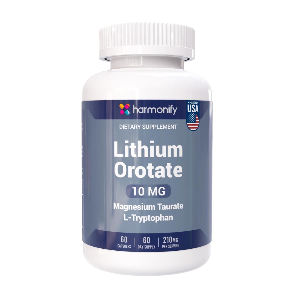 Lithium Orotate 10mg with Magnesium Taurate & L-Tryptophan Non-GMO, Gluten-Free, Vegan Friendly Supplement for Wellness Support 60 Capsules