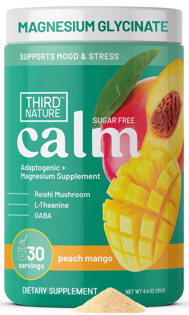 Third Nature Calming Drink Powder Jar with Magnesium Glycinate, GABA, L-Theanine & Reishi Mushroom - Adaptogenic Sugar Free Blend - Third Party Tested, Non-GMO - Peach Mango Flavor - 30 Servings