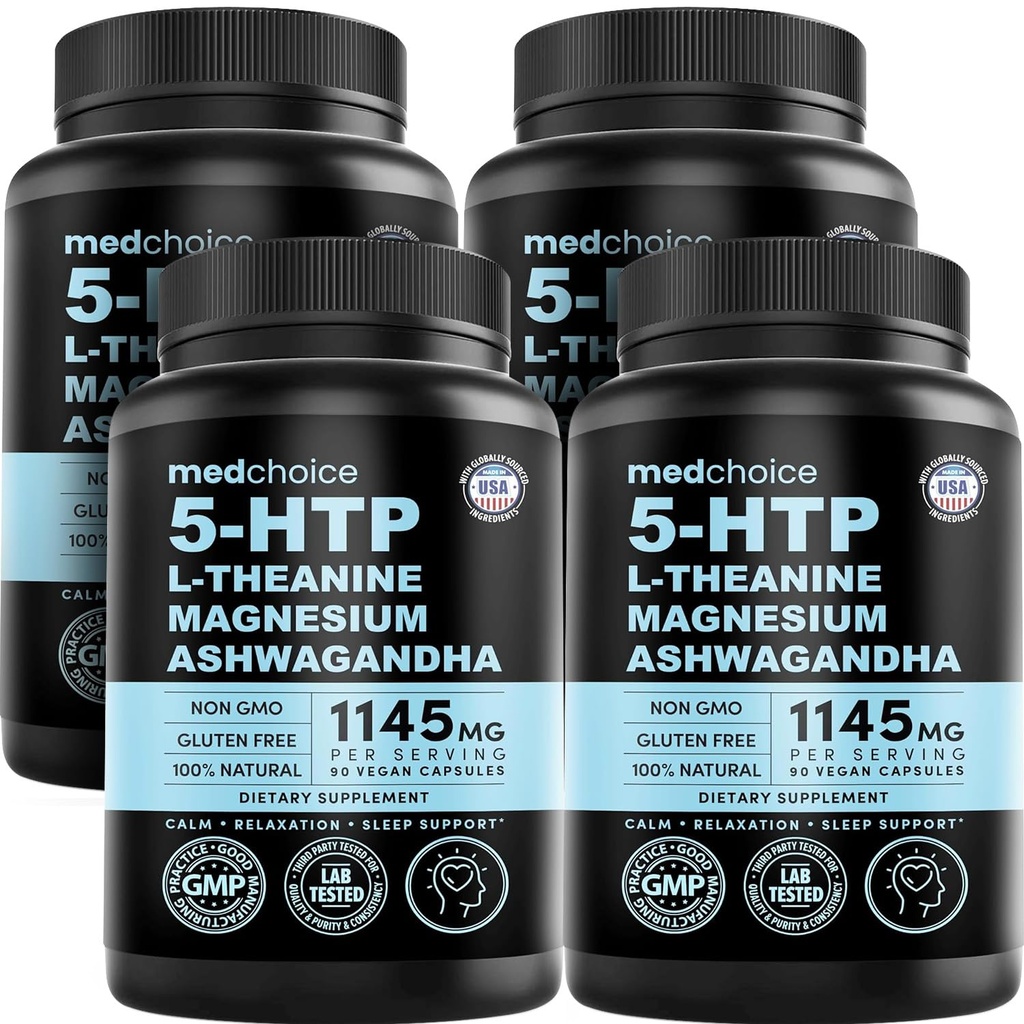 15-in-1 Mood Support Supplement - 5HTP 200mg Capsules with L-Theanine, Magnesium, Ashwagandha, GABA Supplements, 5 HTP Supplements with St. John's Wort and L-Tryptophan - 1145mg (90 Count, Pack of 4)