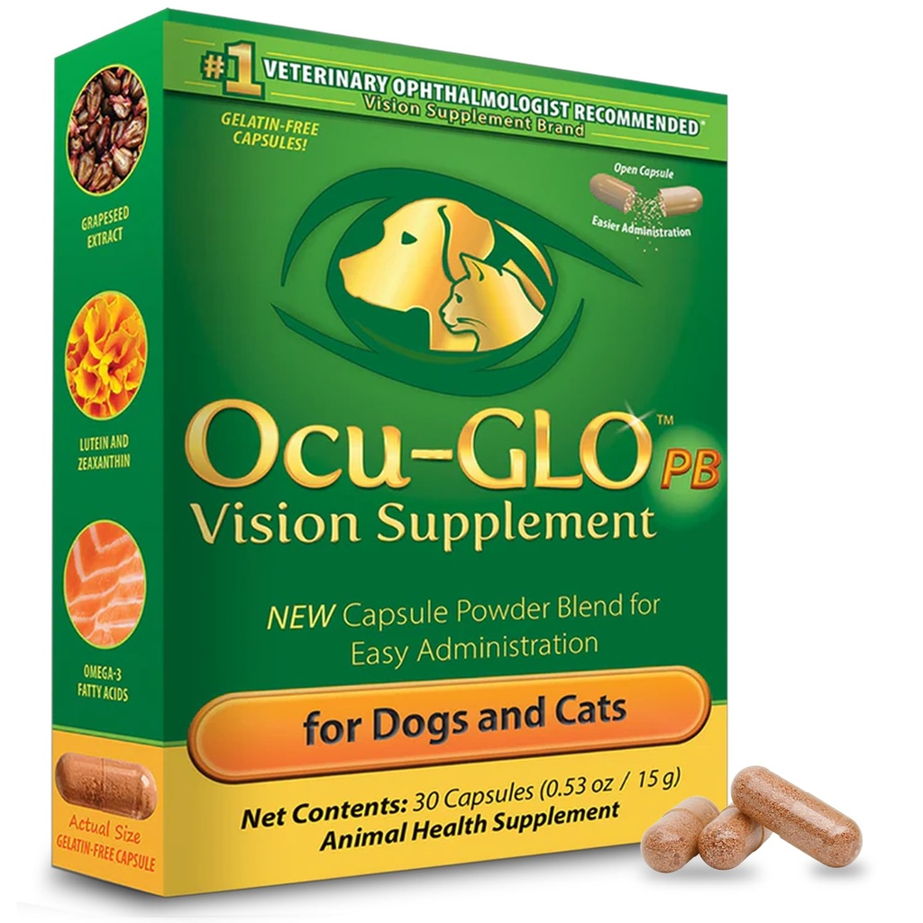 Ocu-GLO PB Vision Supplement for Small Dogs & Cats – Easy to Administer Powder Blend with Lutein, Omega-3 Fatty Acids, Grape Seed Extract and Antioxidants to Promote Eye Health, 30ct Sprinkle Capsules