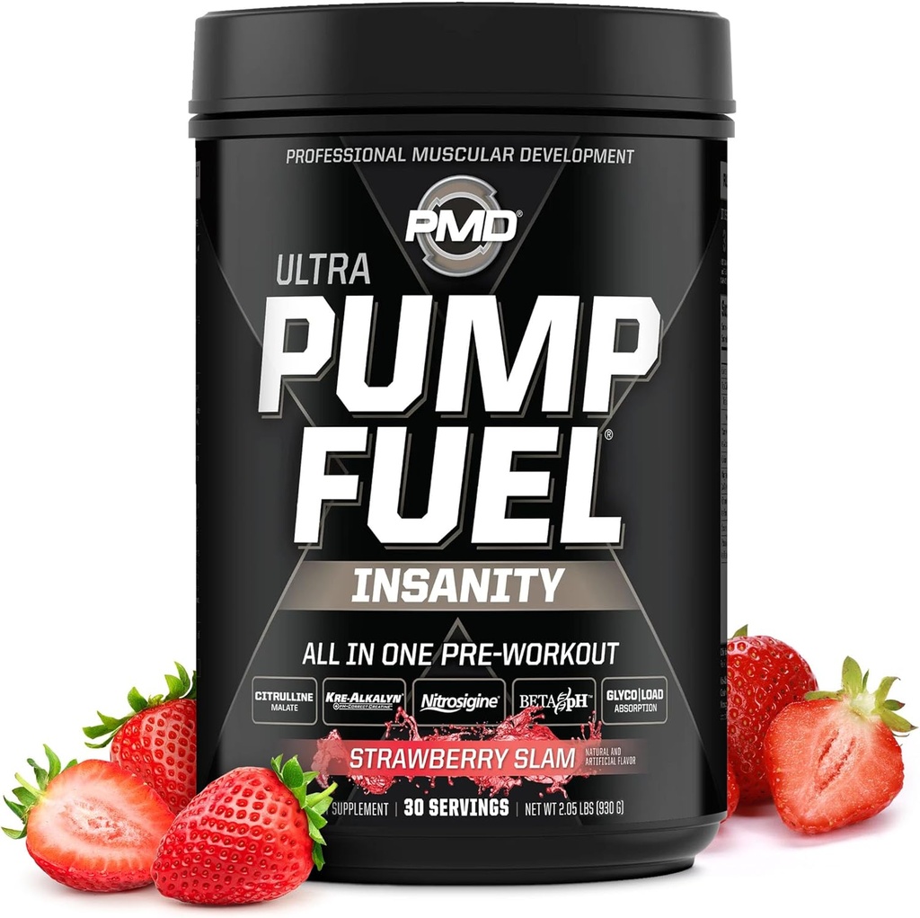 PMD Sports Pump Fuel Ultra Insanity - Premium Pre Treout Powder & Muscle Pump, Suurempi Focus, Endurance & Recovery, Premium Creatiini, Arginiini & Beta Alanine - Mansikka Slam (30 Servings)
