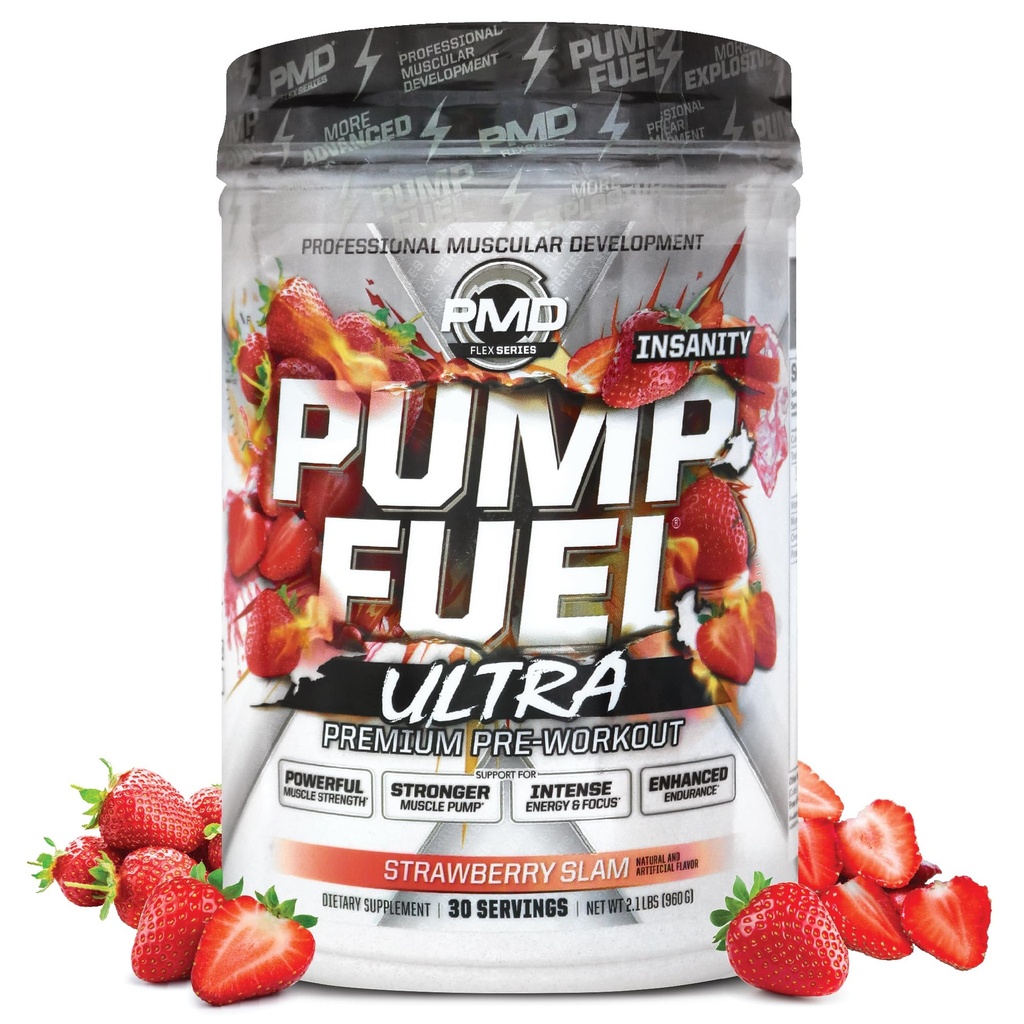 PMD Sports Pump Fuel Ultra Insanity, Ultimate Pre Workout & Muscle Pump, Maximum Strength Energy, Focus, Endurance & Recovery, Creatine & Beta Alanine, Strawberry Slam, 30 Servings