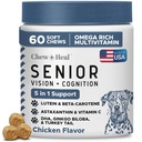 Chew + Heal Labs Senior Dog Vision and Cognition Chews - 60 Soft Chews for Dog Eye Care and Memory - 7-in-1 Multivitamin with Omega Fatty Acids, Vitamins, and Botanicals - Made in the USA
