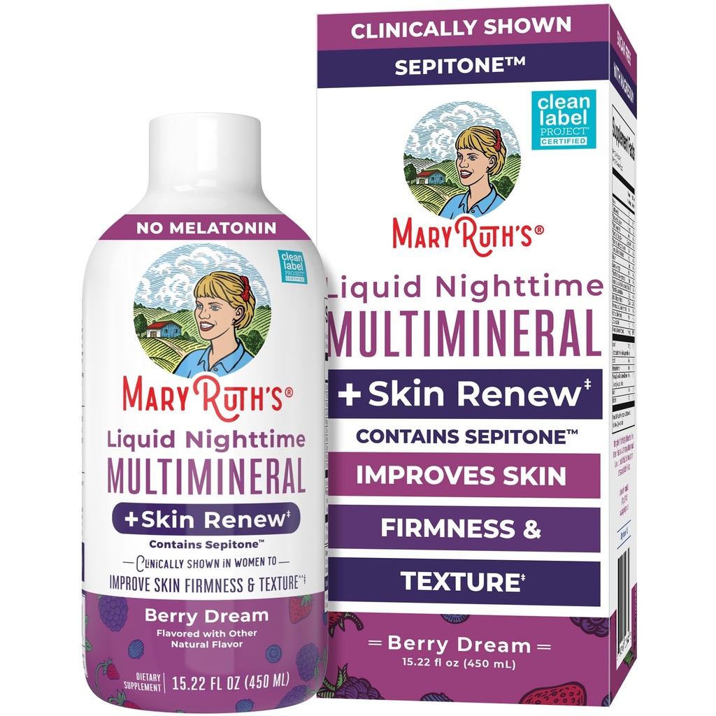 MaryRuth's Liquid Nighttime Liquid Multimineral + Skin Renew | Clinically Shown in Women to Reduce Fine Wrinkle & Improve Skin Firmness | Sepitone | NO Melatonin | Magnesium | Vegan | 15 Servings