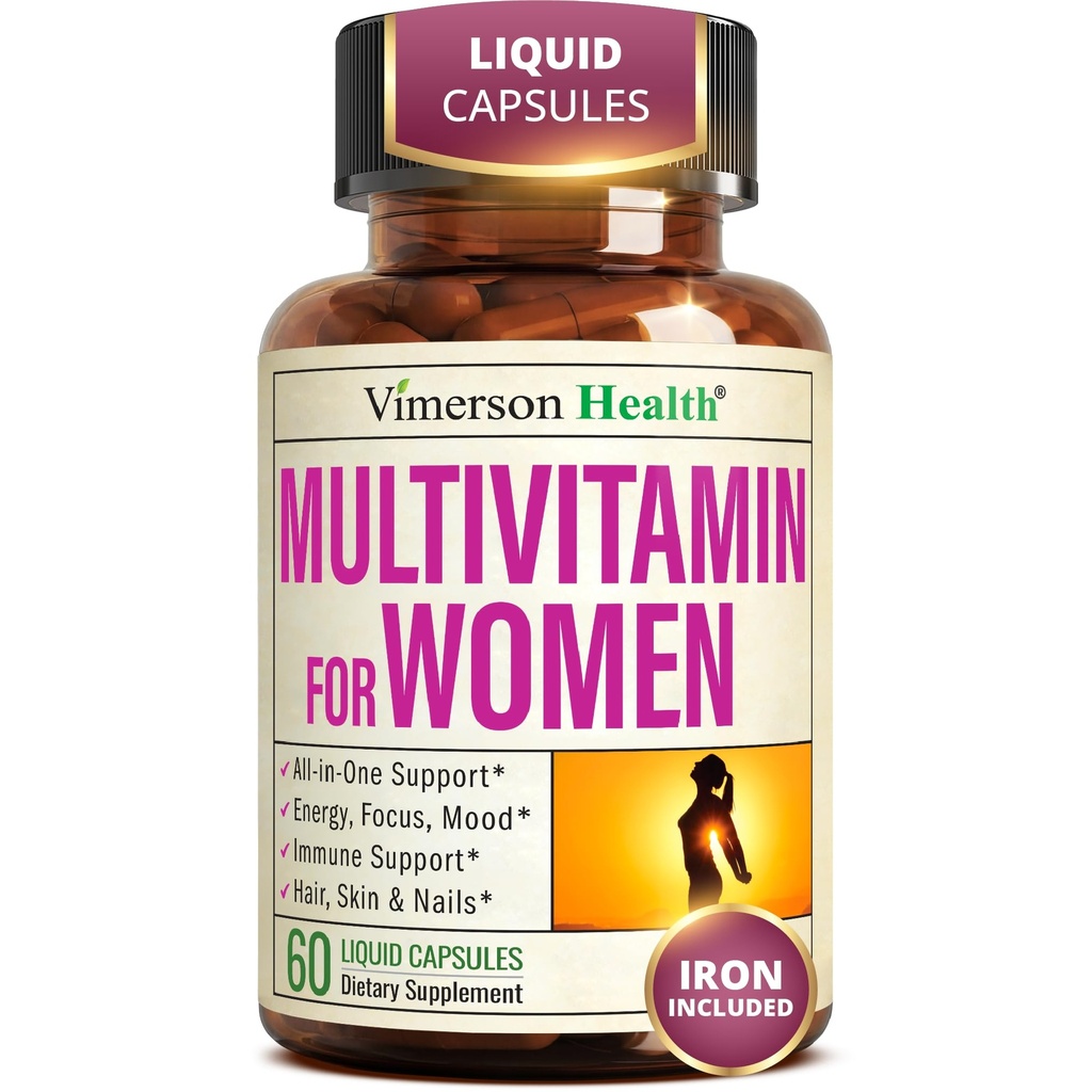 Vimerson Health Multivitamin for Women: Vitamins, Minerals and Bioavailable D3 for Focus and Energy Support – Daily Womens Multivitamins and Multiminerals – 60 Liquid Capsules