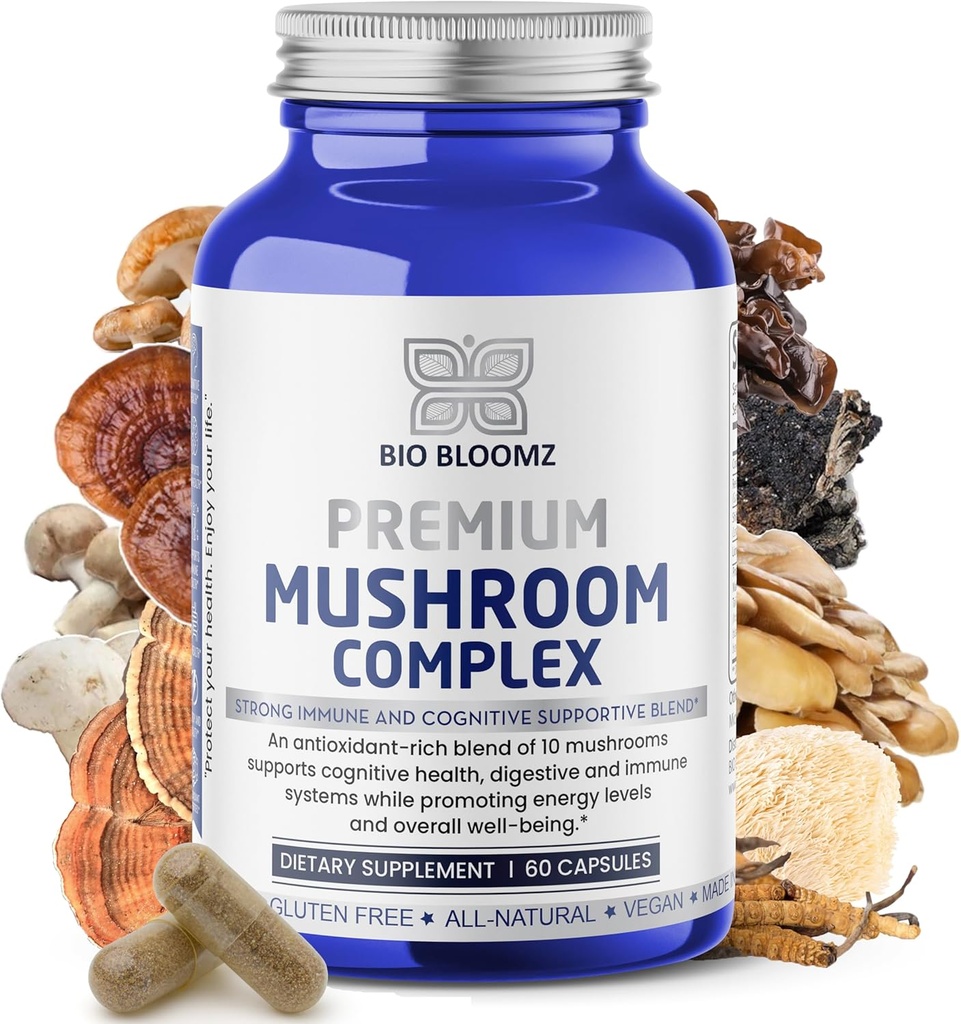 Premium Mushroom Complex Capsules - Lions Mane Supplement Wellness Formel med Tyrkiet Tail, Shiitake, Cordyceps, Reishi, Chaga, Maitake - immunforsvar Mushrooms Urtetilskud - 60
