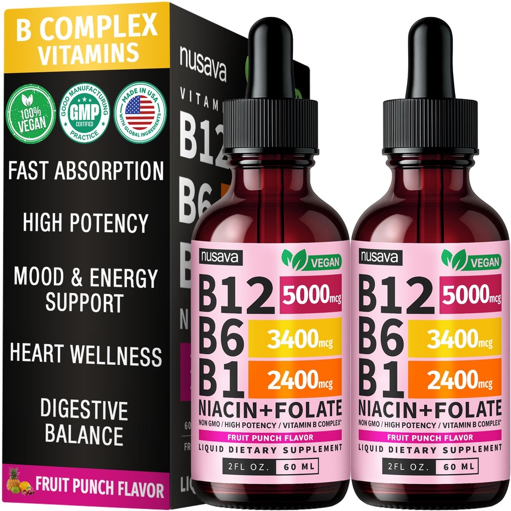 (2 Pack) Vitamin B12 and B6 Liquid Drops, B12 Sublingual Vitamin B Complex - B 12 Vitamin 5000mcg - B12 Methylcobalamin for Energy, Brain, and Heart Support with 27,200 mcg, Fruit Punch, 80 Servings