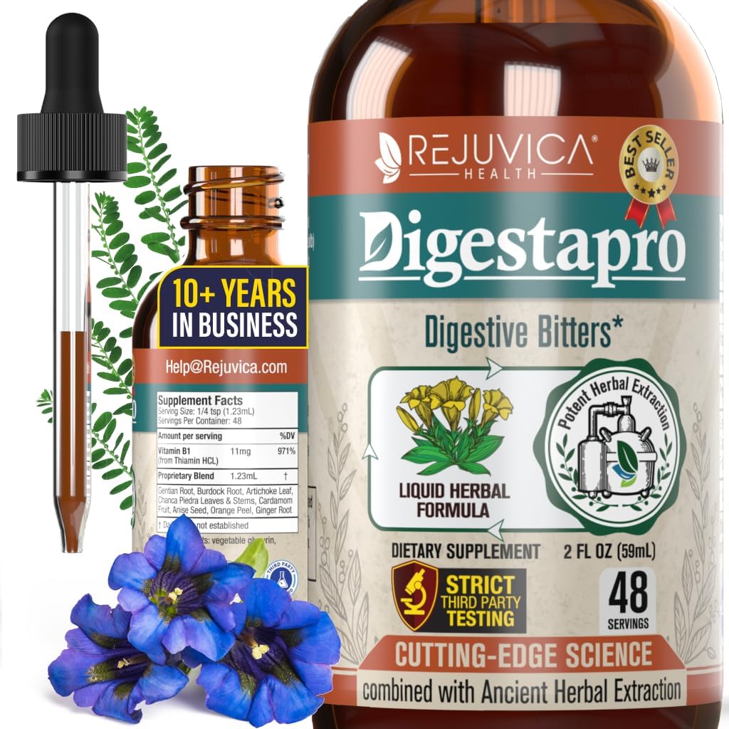 Rejuvica Health DigestaPro - Pokročilý doplněk stravitelných kousků - Liquid Delivery for Better Absorption - Gentian, Artyčok, Burdock, Chanca Piedra, Ginger & Více!