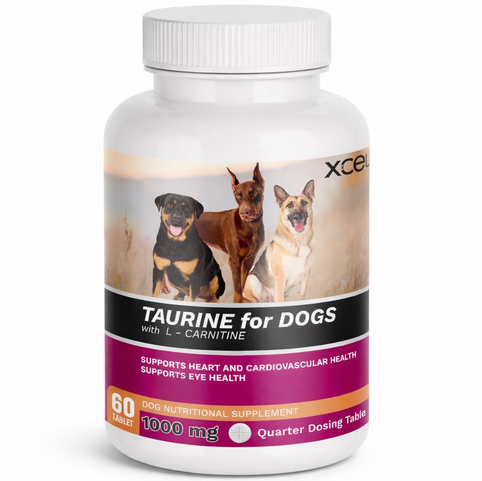 XCEL Taurine for Dogs 1000 mg Supplement with L-Carnitine, Quarter Scored Tablets (250 mg Split), Up to 240 Servings, Supports Heart, Eye & Energy Health