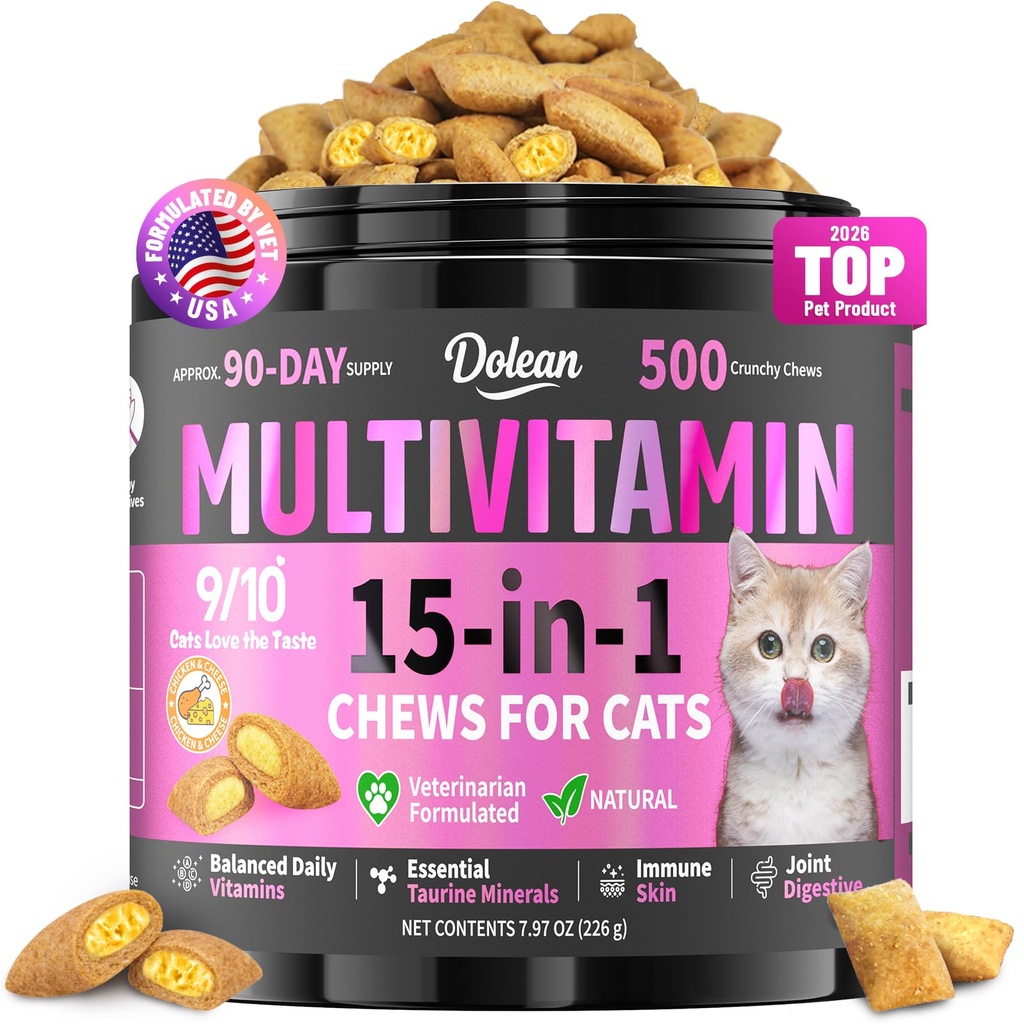Taurine for Cats Vitamins Treats, 15 in 1 Cat Multivitamin Support Skin, Joint, Digestion & Immune Supplement, 500 Crunchy & Creamy Chews with Essential Vitamins for Cats of All Ages (90-Day Supply)