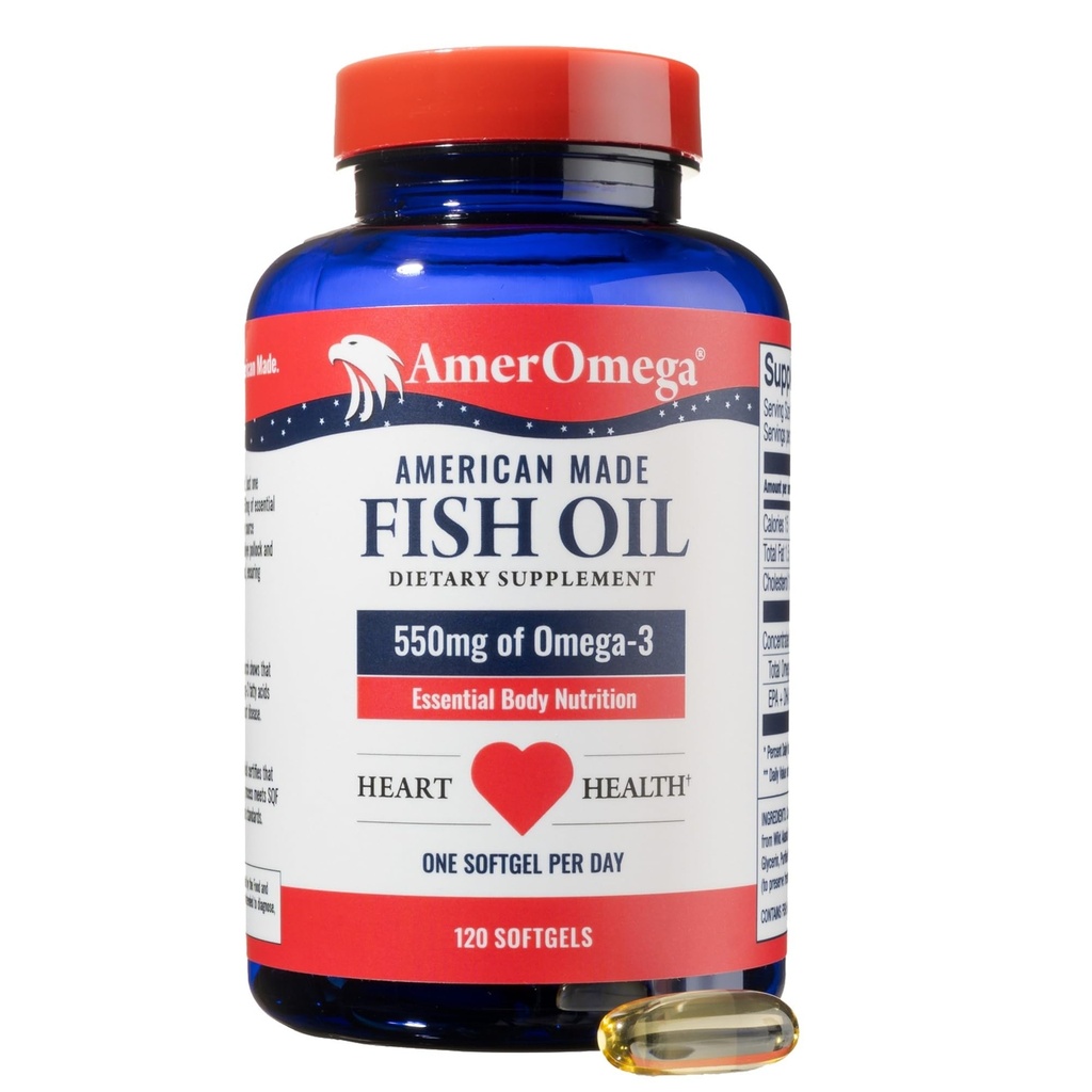 AmerOmega Triglyceride 550mg Omega-3 Fish Oil for Heart Health Support- Wild-Caught Alaskan Walleye Pollock- American-Sourced, Non-GMO, Gluten-Free & Dairy-Free- 120 Softgels (120 Servings)