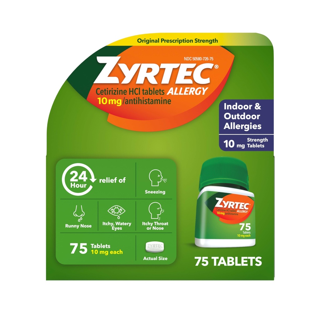 Zyrtec 24 Hour Allergy Medicine Tablets, Indoor & Outdoor Allergy Pills, Non Drowsy Antihistamine, 10 mg Cetirizine HCI, Relief from Runny Nose, Sneezing, Itchy & Watery Eyes, 75 ct