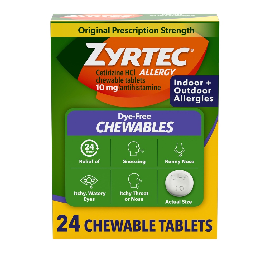 Zyrtec 24 Hour Allergy Relief Chewable Tablets, 10 mg Cetirizine Hydrochloride Antihistamine, Dye-Free Allergy Medicine for Runny Nose, Sneezing, Itchy, Watery Eyes, Indoor & Outdoor Allergies, 24 ct