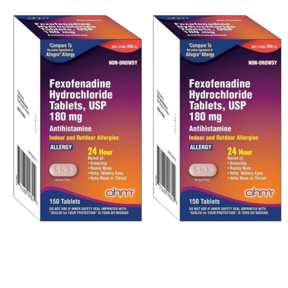 Ohm Allergy Medicine, Fexofenadine 180mg 24-Hour Non-Drowsy Antihistamine Tablets for Indoor & Outdoor Allergy Relief, Runny Nose, Sneezing, Itchy Nose or Throat, Watery Eyes - 150 Ct (2 Pack)