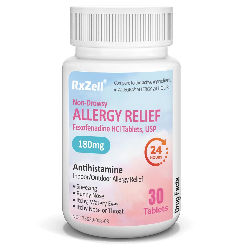 RXZELL Allergy Relief | Fexofenadine HCl 180mg, 24-Hour Antihistamine, Non-Drowsy (30 Count (Pack of 1))