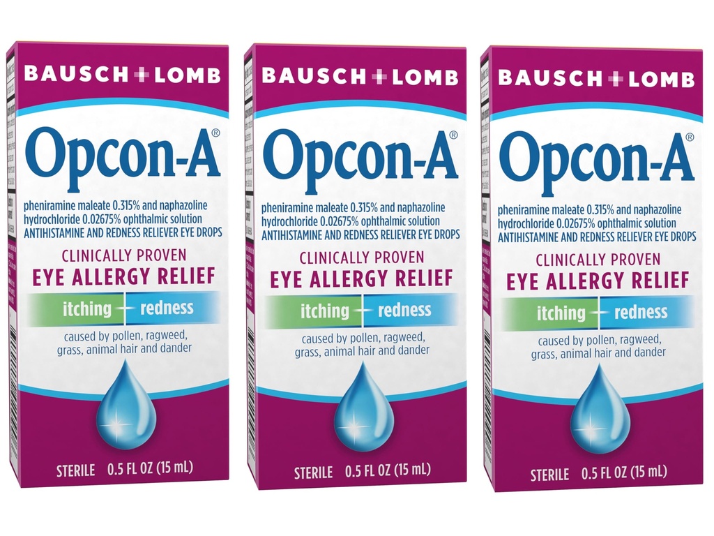 Opcon-A Allergy Eye Drops, Antihistamine and Redness Relief for Itchy, Red Eyes, Soothes Irritation from Pollen, Ragweed, Grass, Animal Hair & Dander, Clinically Proven Formula, 0.5 Fl Oz (Pack of 3)
