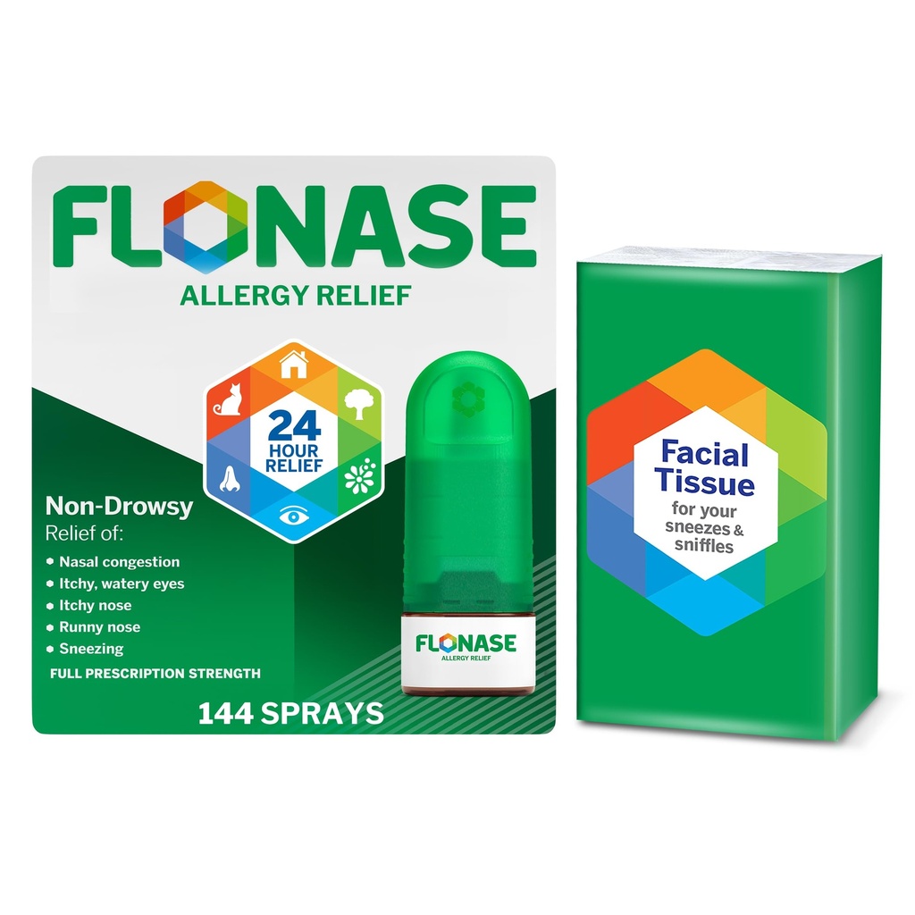 Flonase Allergy Relief Nasal Spray, 24-Hour Non-Drowsy Multi-Symptom Relief � 144 Sprays, Bonus Pack of Tissues