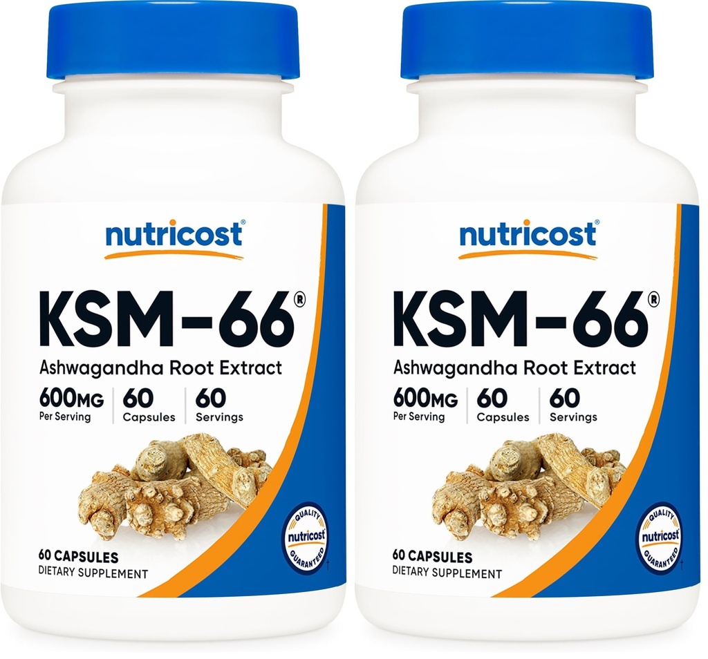 Nutricost KSM-66 Ashwagandha Root Extract 600mg, 60 Veggie Caps - 5% Withanolides - with BioPerine - Full-Spectrum Root Extract (Pack of 2)