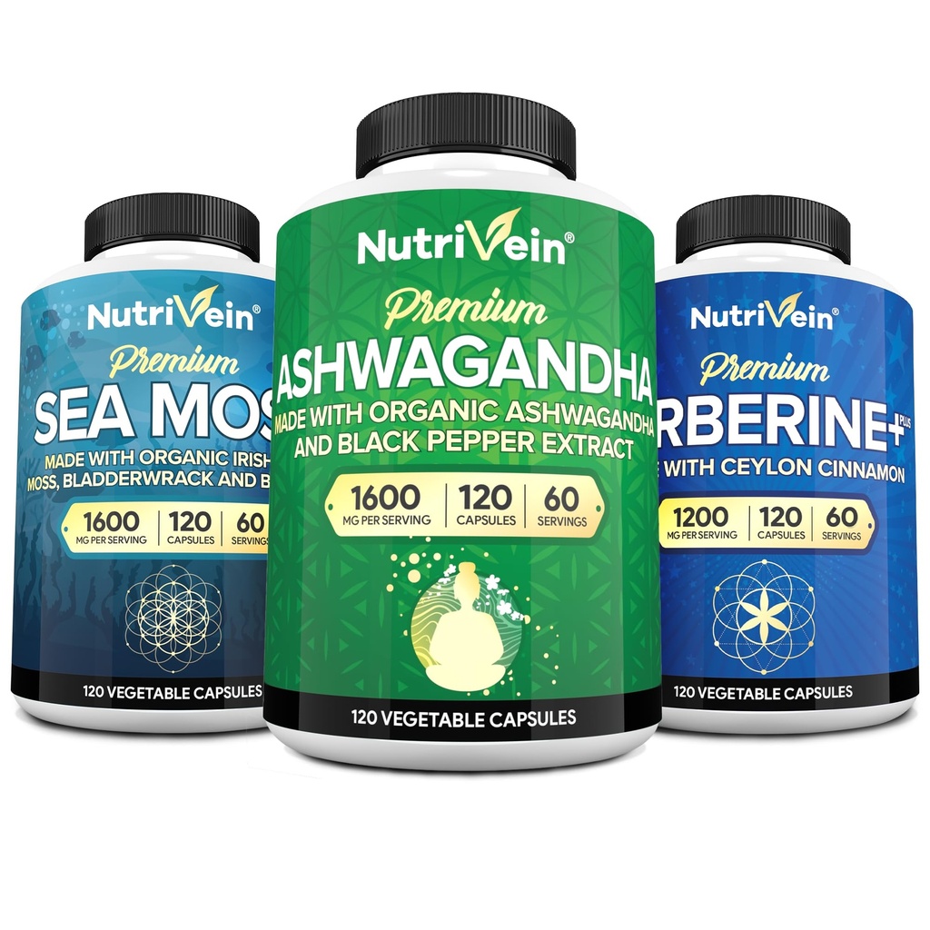 Nutrivein Premium Irish Sea Moss Capsules, Berberine Supplements, and Ashwagandha Supplements Bundle: High-Absorption Berberine Hcl, Ashwagandha Root Extract, & Sea Moss for Digestion & Daily Balance
