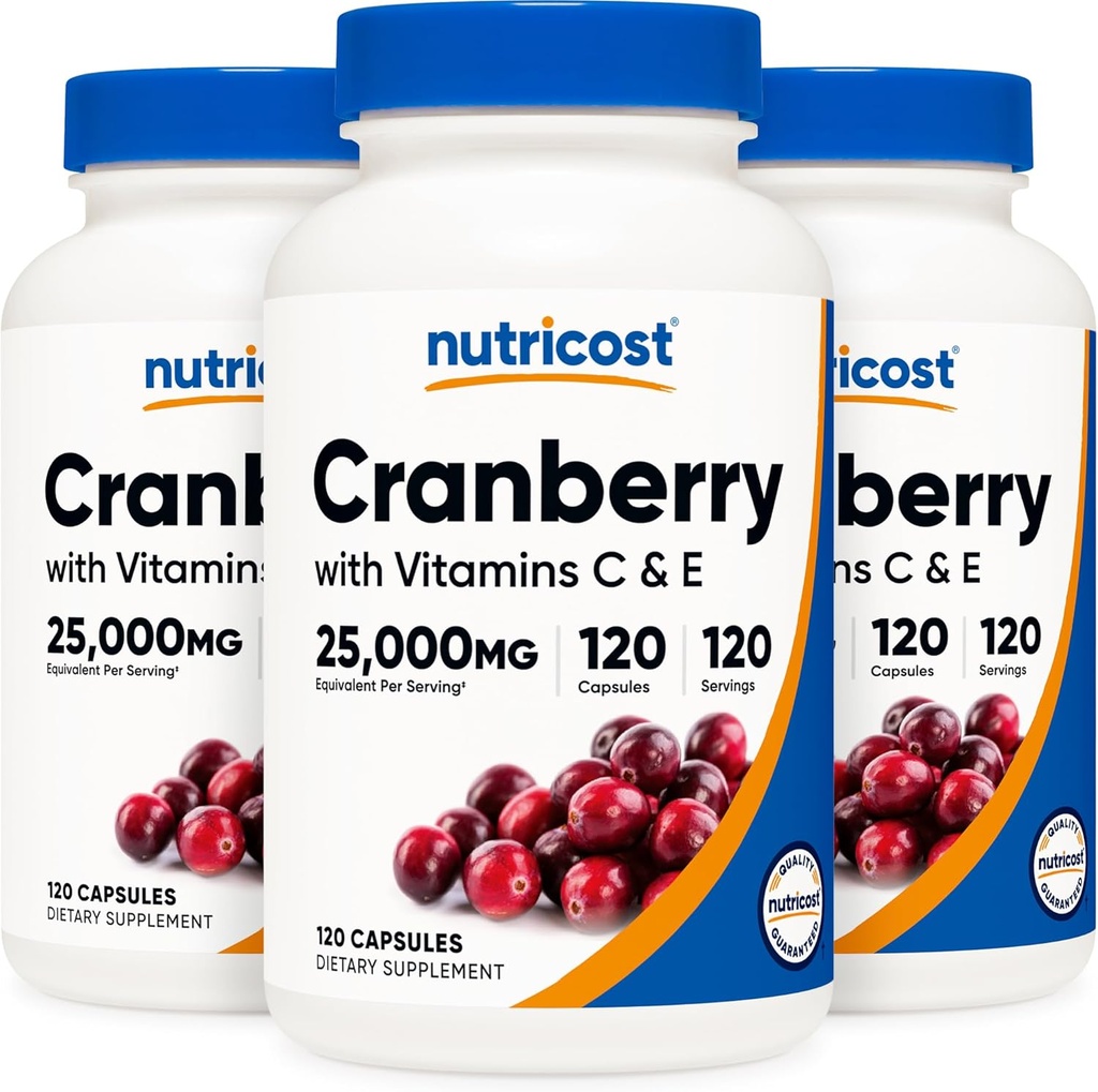 Extrait de canneberge Nutricost 25 000mg (120 portions) 3 bouteilles avec vitamine C et E