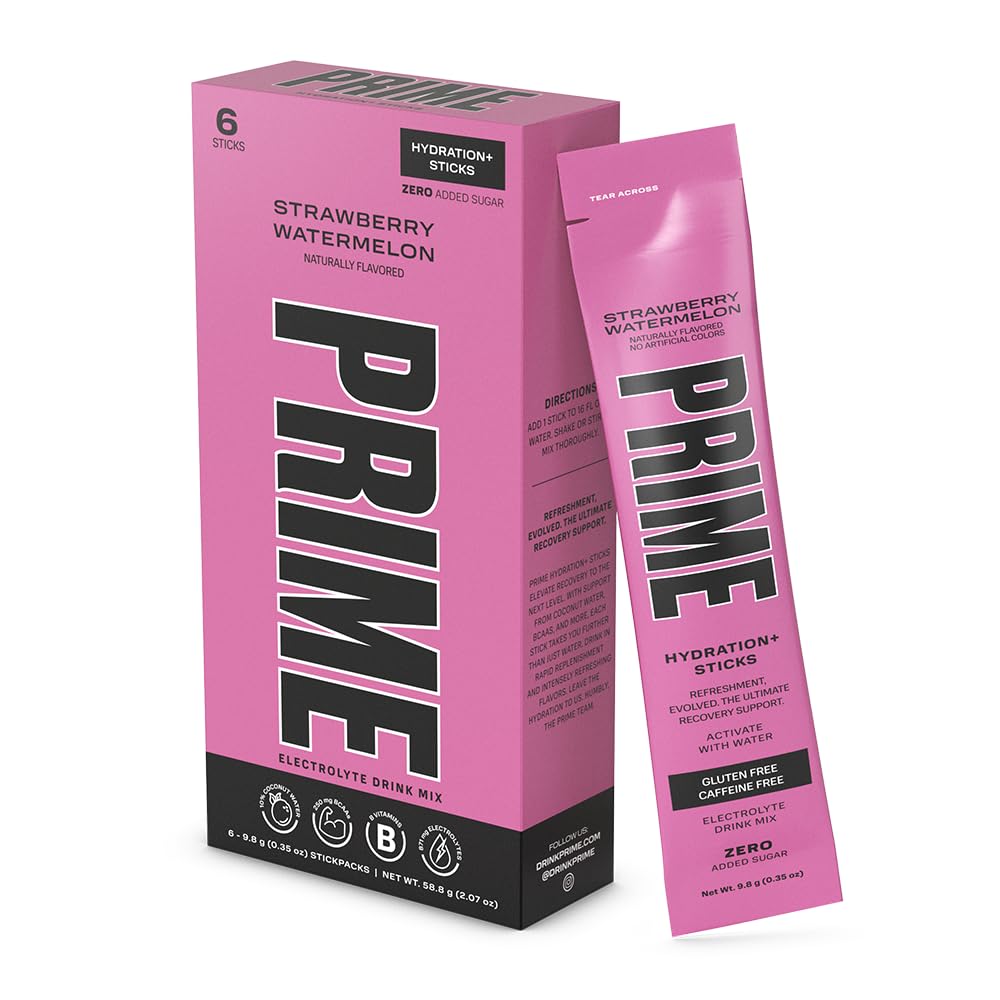 PRIME HYDRATION+ Sticks Strawberry Watermelon | Polvere di idratazione Bastoncini singoli | Polvere di elettrolita sul Go | Basso zucchero | Caffeina-Free | Vegan | 6 Stick