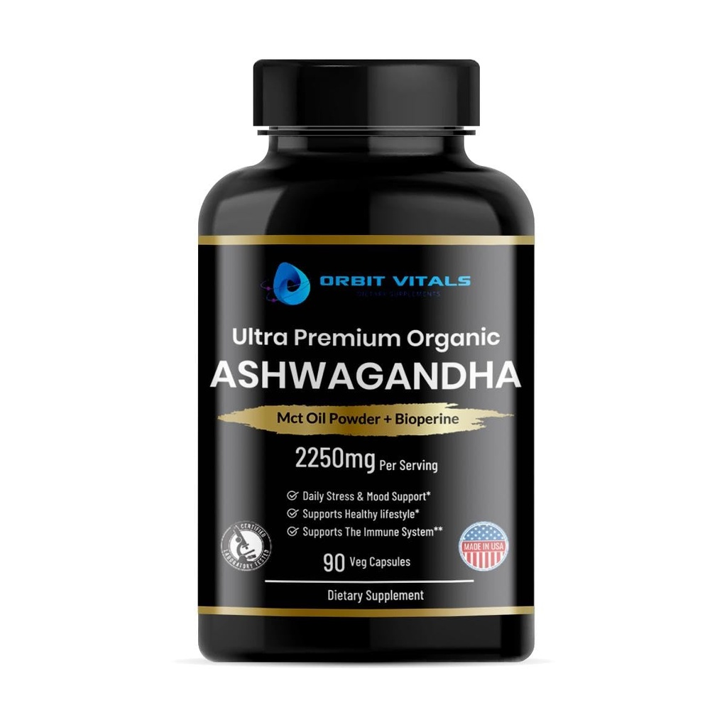 Organic Ashwagandha Capsules 2250 mg, Ashwagandha Supplement with MCT Oil Powder & Black Pepper Extract, High Potency Ashwagandha Root Extract for Stress Relief, Energy & Mood Support, 90 Capsules
