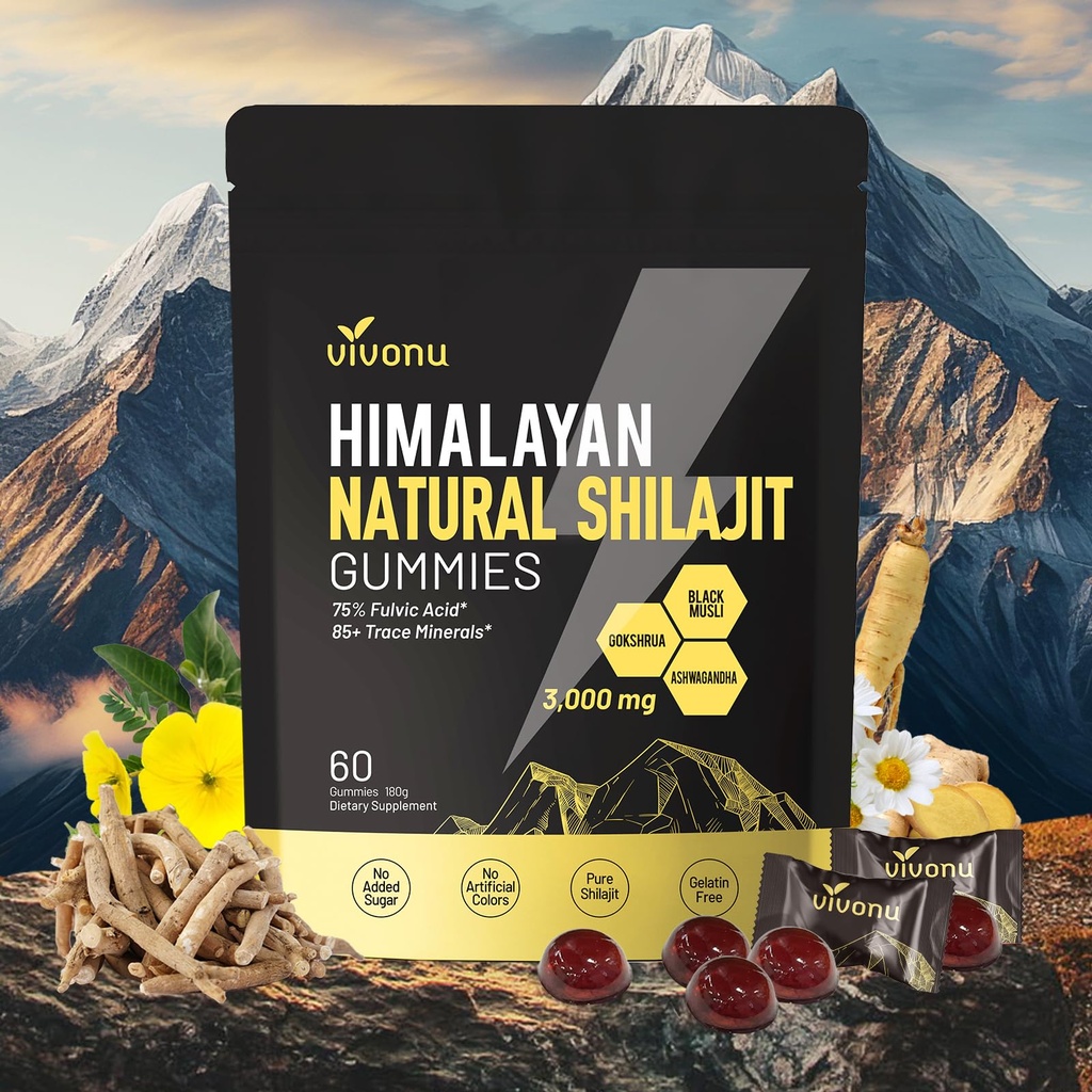 Himalayan* Shilajit Gummies with Ashwagandha & Gokshura | 85+ Trace Minerals & Fulvic Acid | Organic, Non-GMO Micronutrient Supplement for Men & Women | 100% Pure & Natural