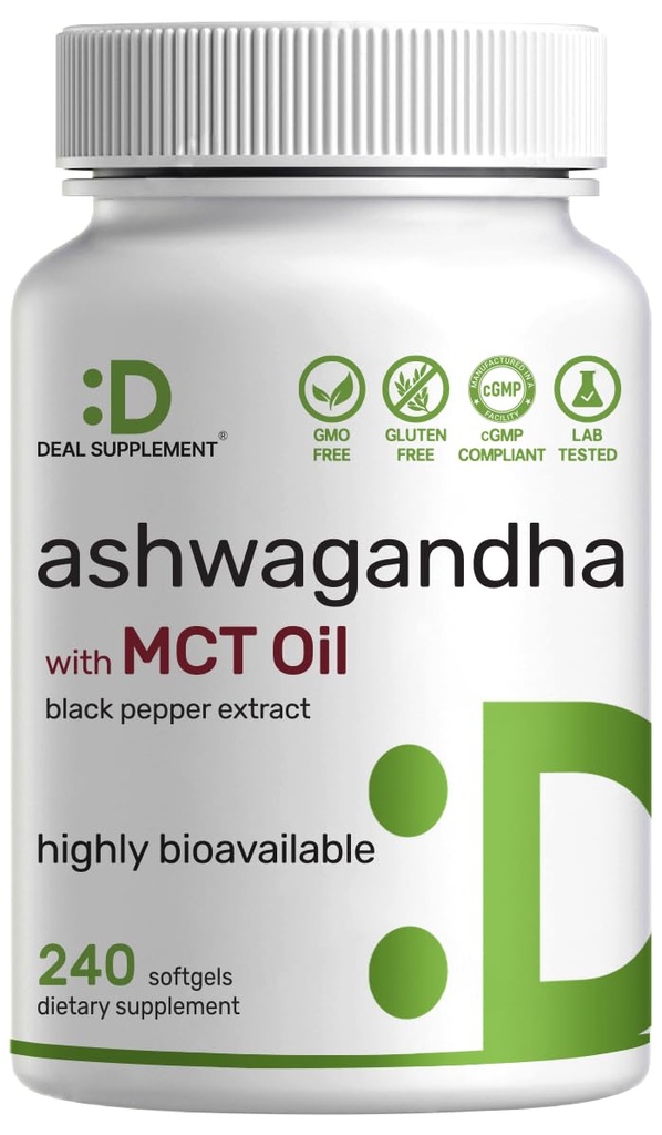 DEAL SUPPLEMENT Ashwagandha Extract with Black Pepper Extract, 240 Softgels – Ayurvedic Root Extract with Added MCT Oil – Active Withanolides – Non-GMO, Lab Tested