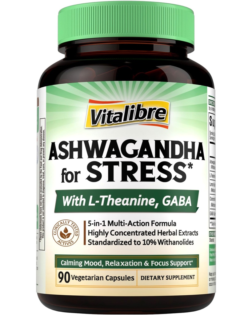 Vitalibre Ashwagandha Supplement for Women Men, Ashwagandha Extract Plus L-Theanine, GABA, Lemon Balm & More, Extra Strength, High Absorption, Calming Mood & Focus, 90 Vegan Capsules, Non-GMO